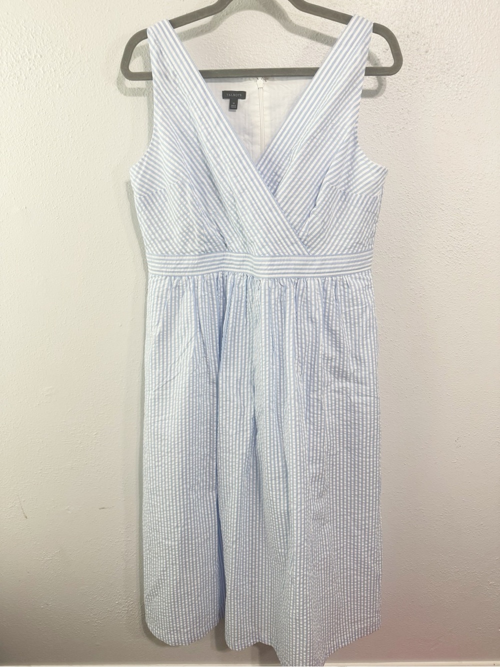 Talbots Light Blue and White Striped seersucker Midi Dress size 12 faux wrap